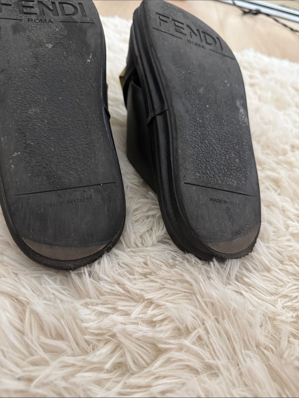 Fendi Black Leather Slides with Gold FENDI Lettering - Picture 5 of 5